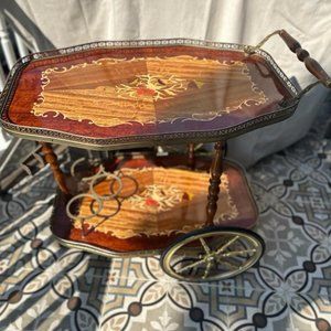 Bar Cocktail Tea Cart Trolley Beverage Italian 1950 Hollywood Regency Marquetry